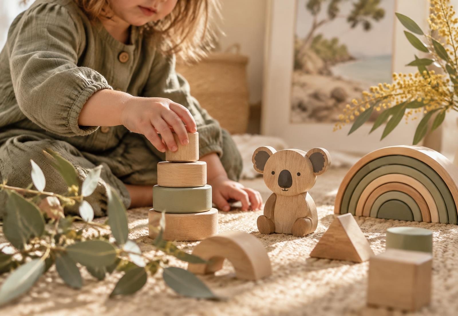 Children playing with natural wooden toys in soft morning light